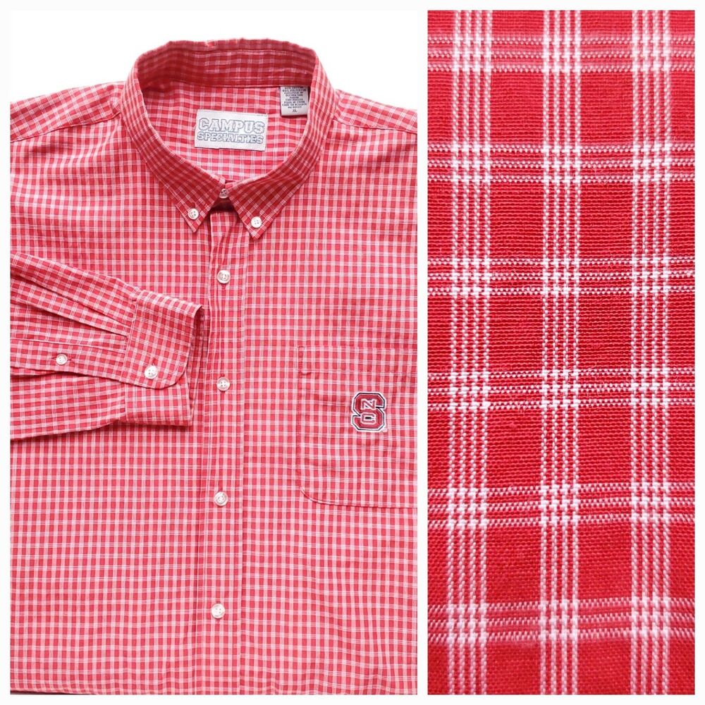 NC State Button Down Dress Shirt Mens XL Red Plaid Preppy College NCAA Campus